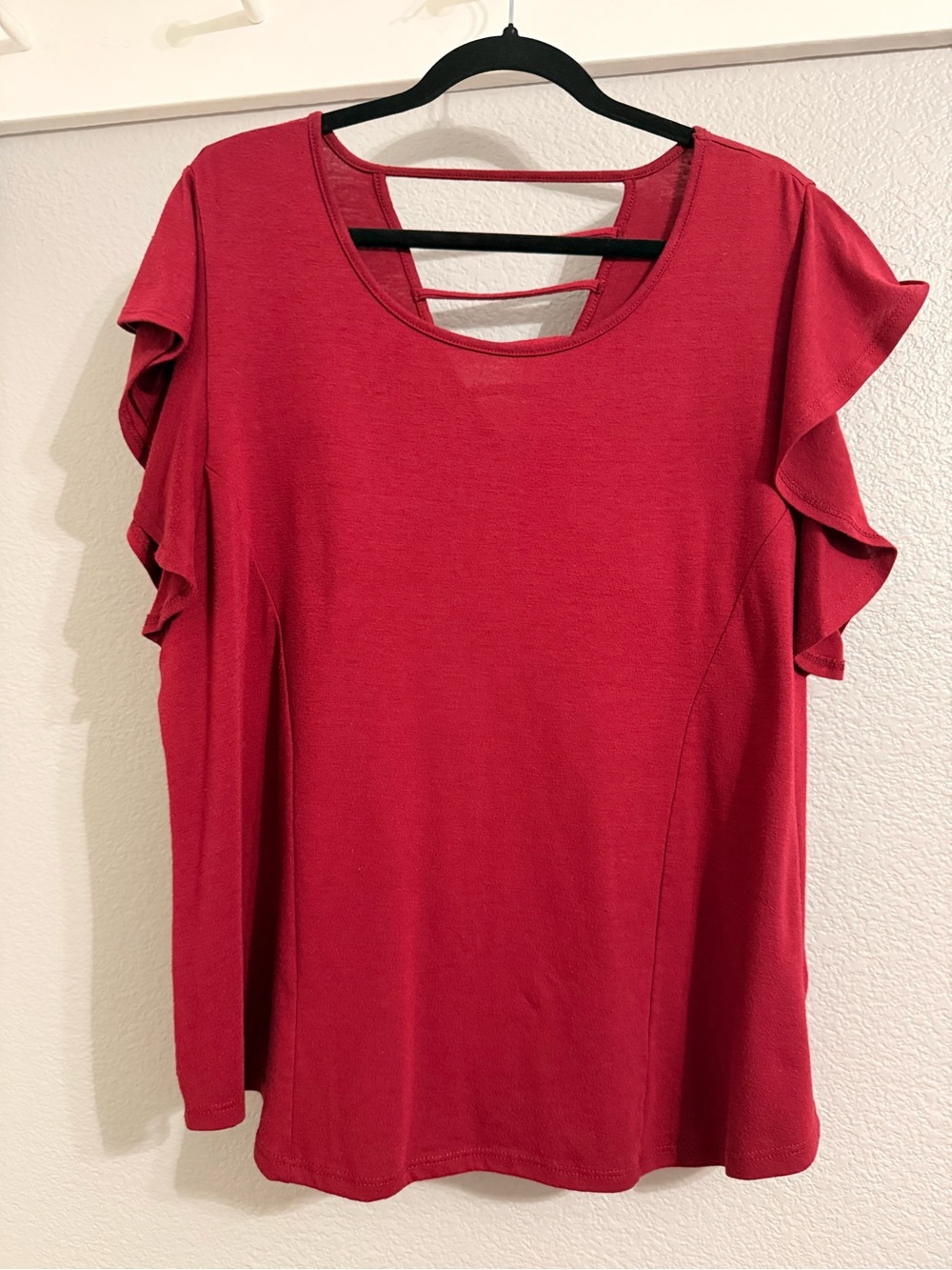 Avenue Burgundy Flutter Sleeve Scoop Neck Top - Picture 5 of 9